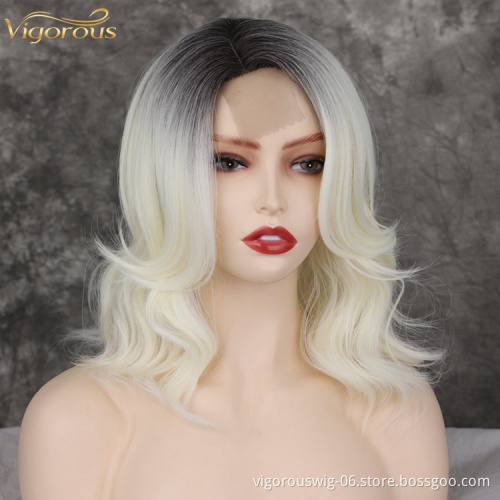 Lace Frontal Wholesale Cheap Women Wig Heat Resistant Fiber Short Wavy Root Black Ombre Gold Color Bob Synthetic Hair wigs